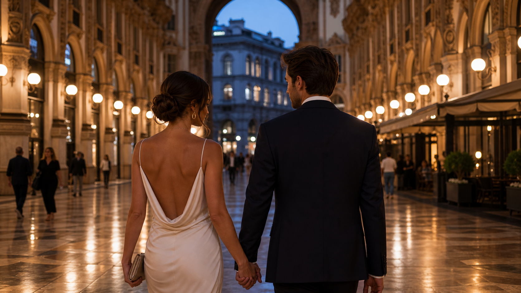 Couple walking in Galleria Vittorio Emanuele II Milan