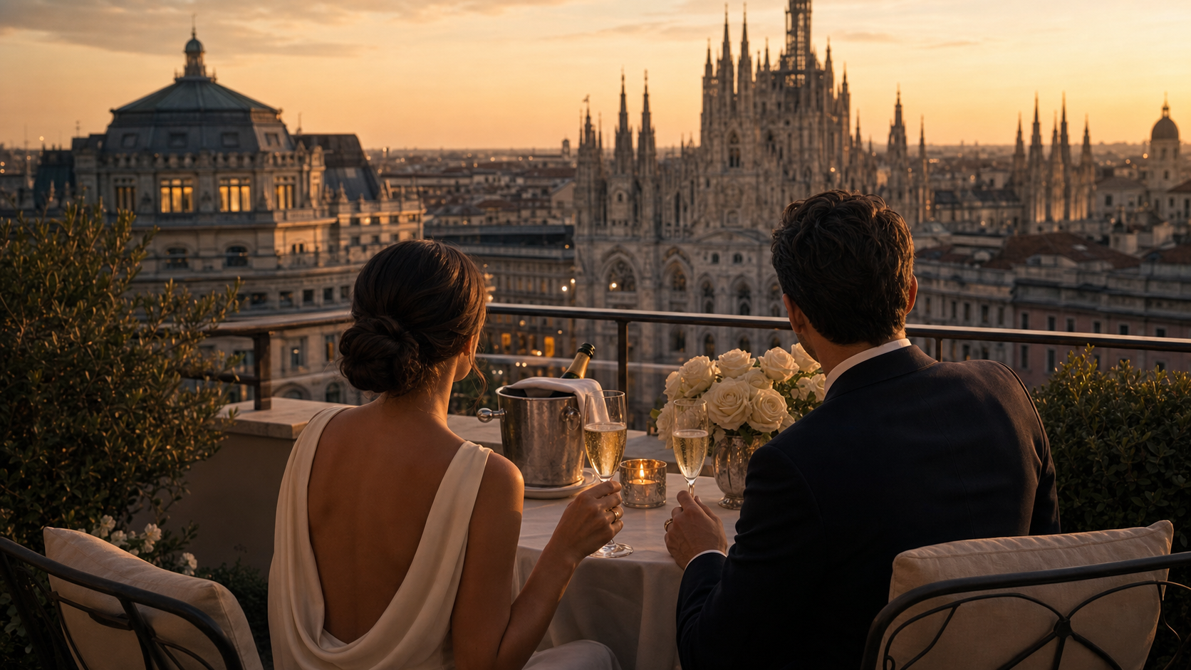 Old money honeymoon and wedding anniversary in Milan with Duomo rooftop view