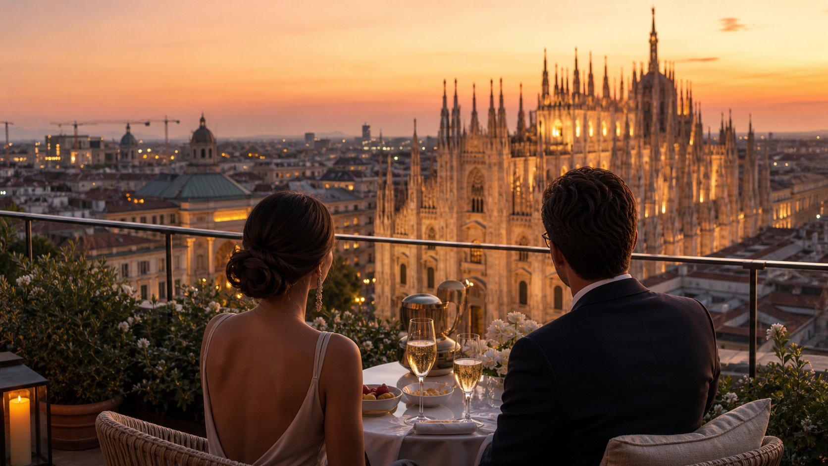 Romantic Milan rooftop aperitivo overlooking the Duomo