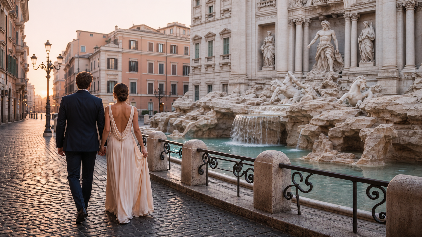 Couple walking near Trevi Fountain at dawn in Rome