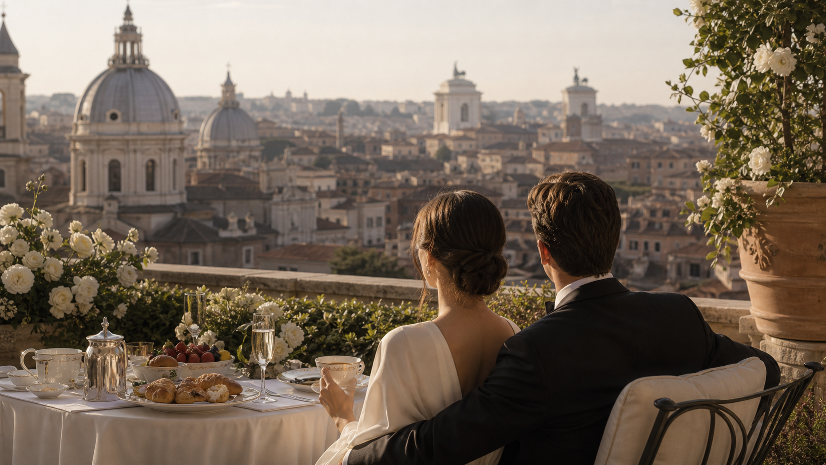 Old money honeymoon and wedding anniversary in Rome on a private suite terrace