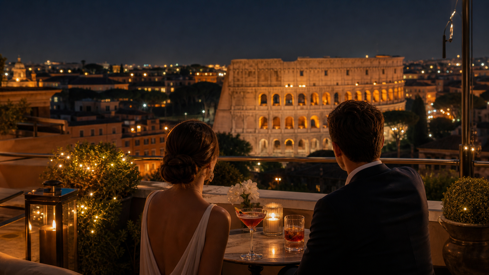 Romantic Rome rooftop bar nightlife with Colosseum view